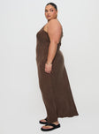 side view of model wearing Princess Polly Laurette Maxi Dress Brown Curve Plunger 