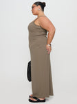 side view of model wearing Princess Polly Montwood Maxi Dress Sage Curve Scoop Neck 