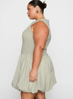 side view of model wearing Princess Polly Narnie Mini Dress Sage Curve Crew Neck 