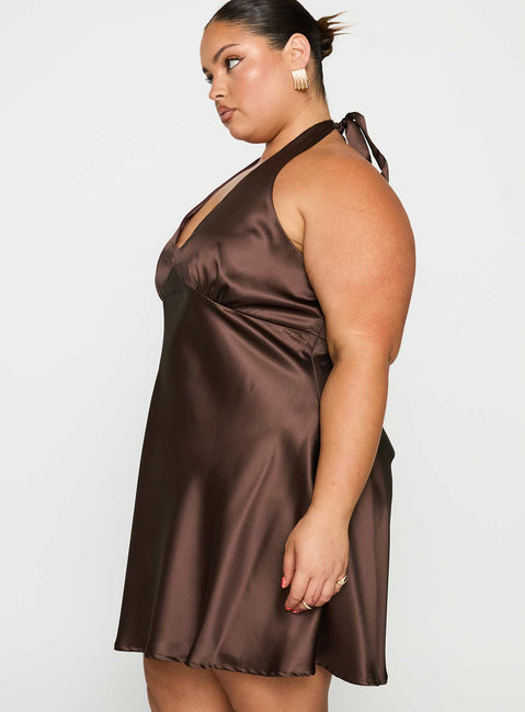 side view of model wearing Princess Polly Pelagia Halter Scarf Tie Mini Dress Brown Curve Plunger 
