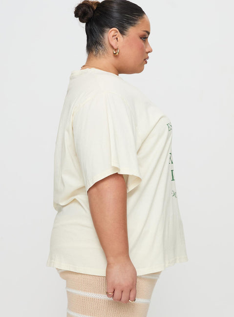 side view of model wearing Princess Polly Local Produce Tee Cream Curve Half Sleeves Crew Neck 