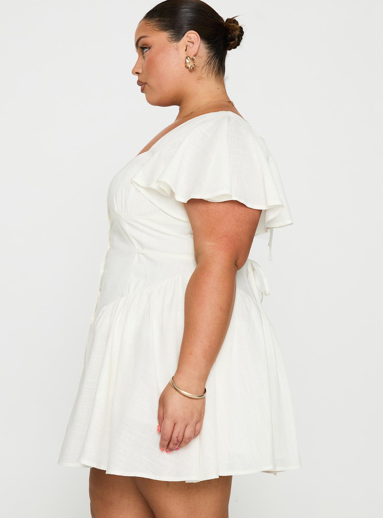 side view of model wearing Princess Polly Forever More Mini Dress White Curve Square Neck 