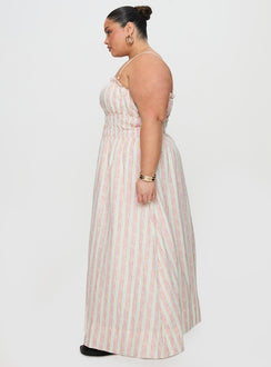 side view of model wearing Princess Polly Persephone Shirring Linen Maxi Dress Pink Stripe Curve Square Neck 