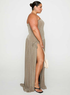 side view of model wearing Princess Polly Inka Strapless Maxi Dress Taupe Curve Straight Neck 
