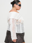 side view of model wearing Princess Polly Lisbeth Off The Shoulder Top White Curve Full Sleeves straight 