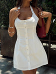 back view of model wearing Princess Polly Mallorie Halter Mini Dress White Scoop Neck 