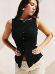 front view of model wearing Princess Polly Dulcinea Longline Vest Top Black Sleeveless Crew Neck 