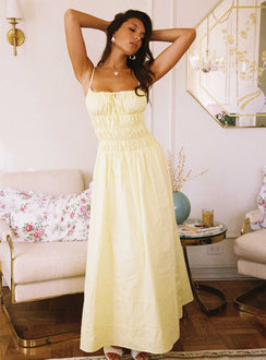 front view of model wearing Princess Polly Loralei Shirred Maxi Dress Yellow Square Neck 