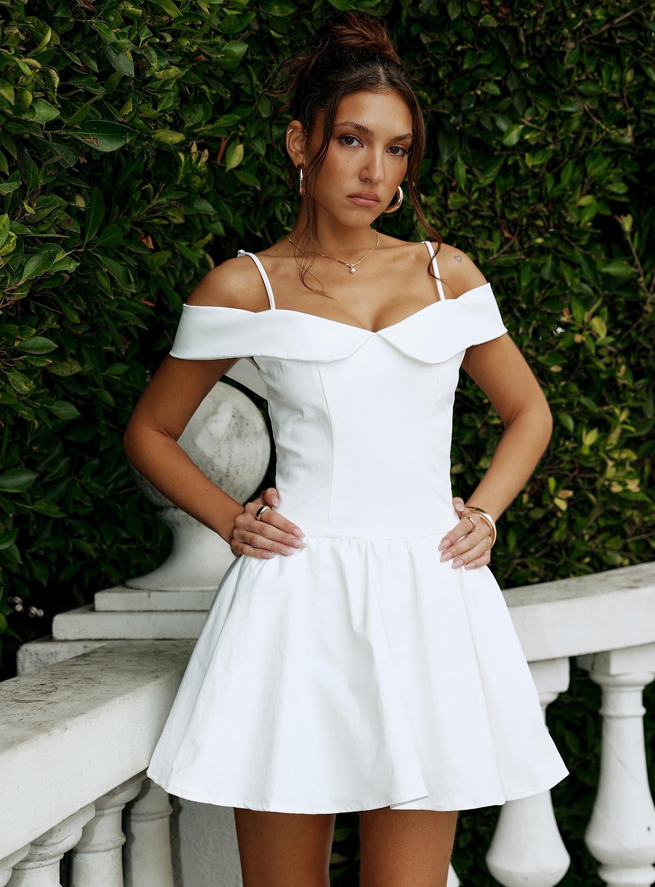 front view of model wearing Princess Polly Streetlights Off Shoulder Mini Dress White Sweetheart Neckline 