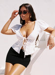 front view of model wearing Princess Polly Wilhelmina Blouse Top White Short Sleeves Plunger 