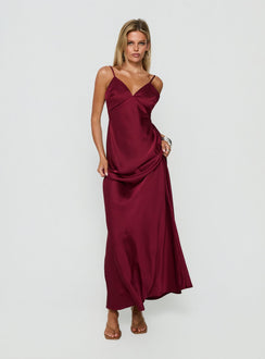 Flip A Switch Satin Lace Slip Maxi Dress Burgundy
