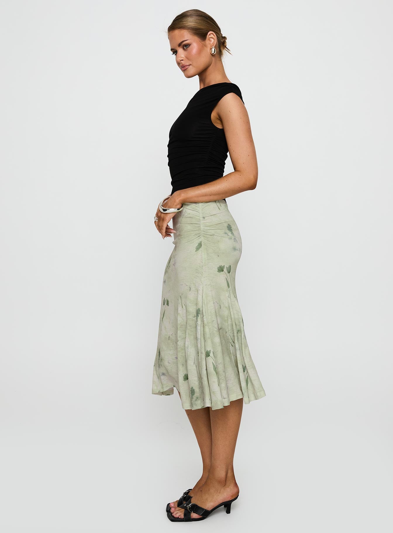 Lewish Low Rise Midi Skirt Green Floral