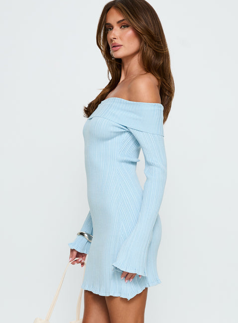 Freshwater Long Sleeve Rib Knit Mini Dress Ice Blue