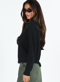 side view of model wearing Princess Polly Ferry Zip Front Sweater Black Lower Impact Cropped 