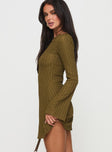 side view of model wearing Princess Polly Lukea Long Sleeve Mini Dress Olive Ribbed Boat Neck 