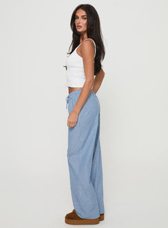 side view of model wearing Princess Polly Veridian Pants Blue Stripe Mid Rise 