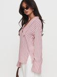 side view of model wearing Princess Polly Calistoga Deep Collar Shirt Pink Stripe Full Sleeves V-Neck 