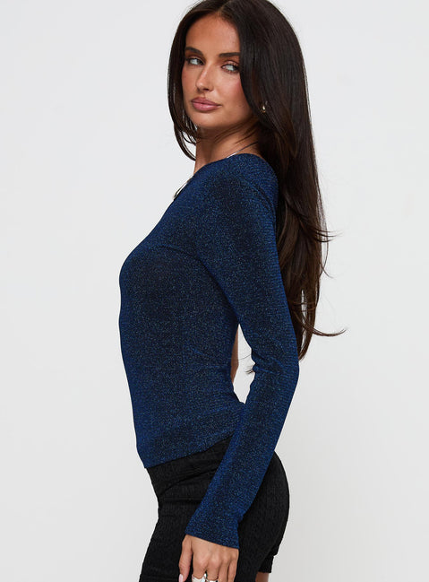 side view of model wearing Princess Polly Dance All Night One Sleeve Top Navy Glitter Sleeveless Asymmetric Neckline 