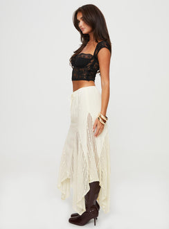   side view of model wearing Princess Polly Madame Lace Maxi Skirt Cream Maxi 