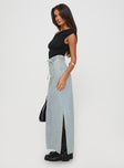   side view of model wearing Princess Polly Brandee Tie Front Denim Maxi Skirt Light Wash Maxi 