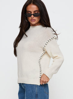 side view of model wearing Princess Polly Change The Weather Contrast Stitch Knit Sweater Cream Cropped 