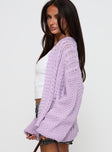 side view of model wearing Princess Polly Abner Cable Cardigan Lilac Long 