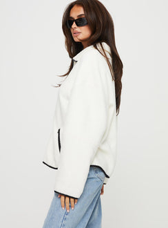 side view of model wearing Princess Polly Samuel Polar Fleece Sweater Cream 