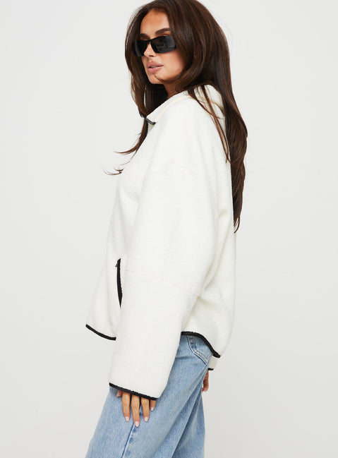 side view of model wearing Princess Polly Samuel Polar Fleece Sweater Cream 