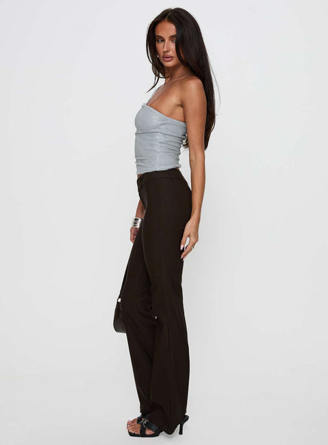 side view of model wearing Princess Polly Kinkirk Flared Pants Chocolate Low Rise Pants 