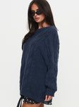 side view of model wearing Princess Polly Gabrieal Knit Sweater Navy Long 