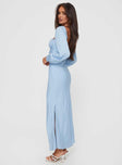 back view of model wearing Princess Polly Hazel Long Sleeve Maxi Dress Blue Sweetheart Neckline 