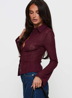 side view of model wearing Princess Polly When You Sleep Long Sleeve Top Wine Full Sleeves V-Neck 