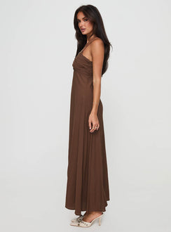 side view of model wearing Princess Polly Neeka Maxi Dress Brown V-Neck 