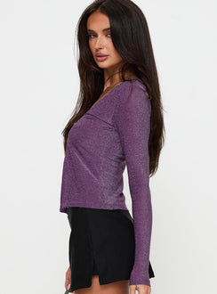 side view of model wearing Princess Polly Stars Aligned Long Sleeve Top Purple Full Sleeves V-Neck 