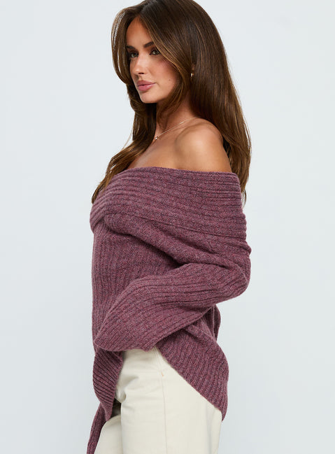 side view of model wearing Princess Polly Snowie Off Shoulder Knit Sweater Burgundy Long 