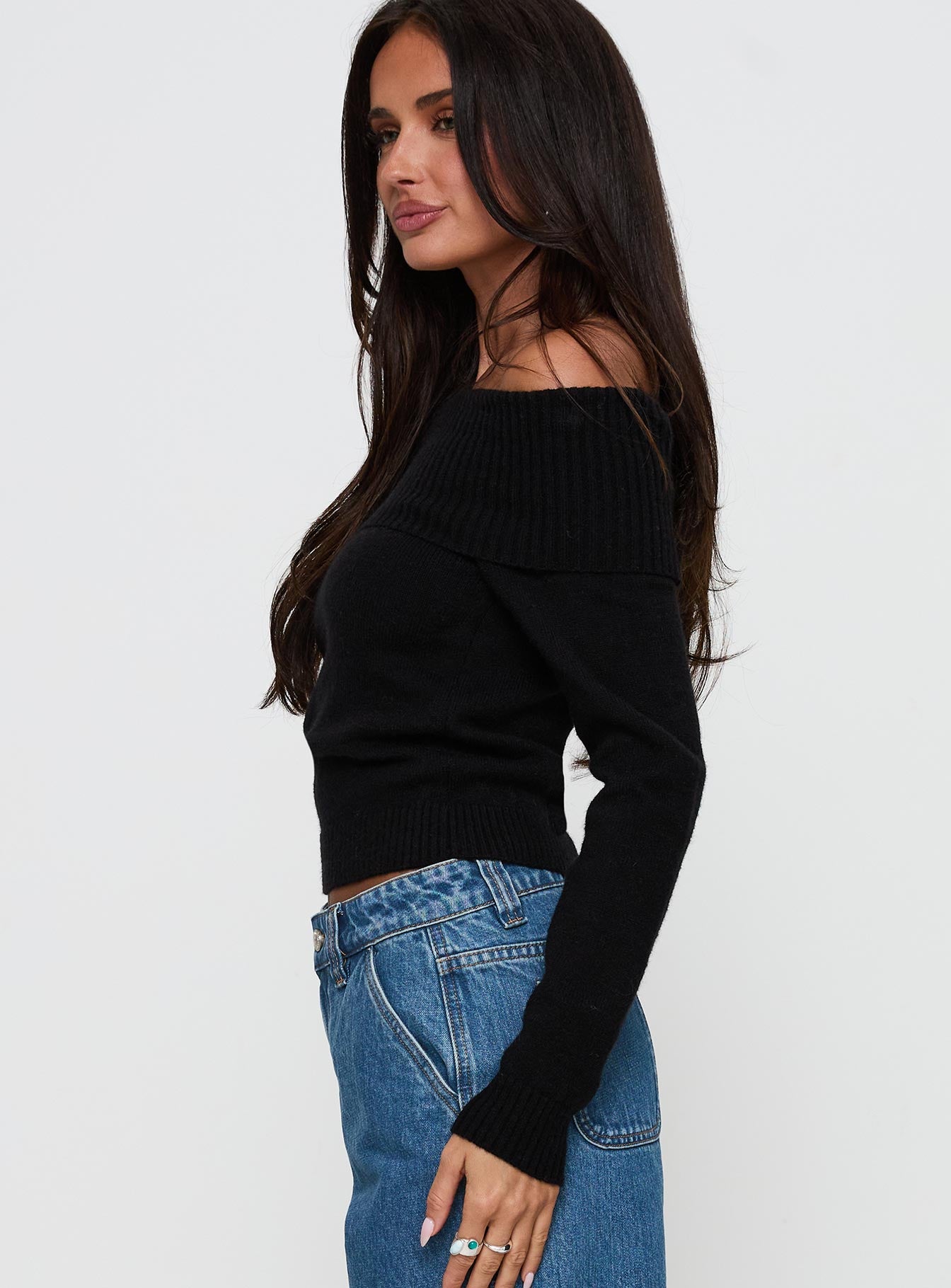 side view of model wearing Princess Polly One For Me Off The Shoulder Long Sleeve Top Black Cropped 