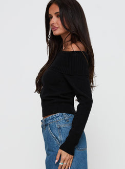 side view of model wearing Princess Polly One For Me Off The Shoulder Long Sleeve Top Black Cropped 