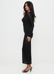 side view of model wearing Princess Polly Meira Sheer Maxi Dress Black Crew Neck 