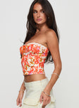 side view of model wearing Princess Polly Get Him Back Top Orange Floral Sleeveless Sweetheart 