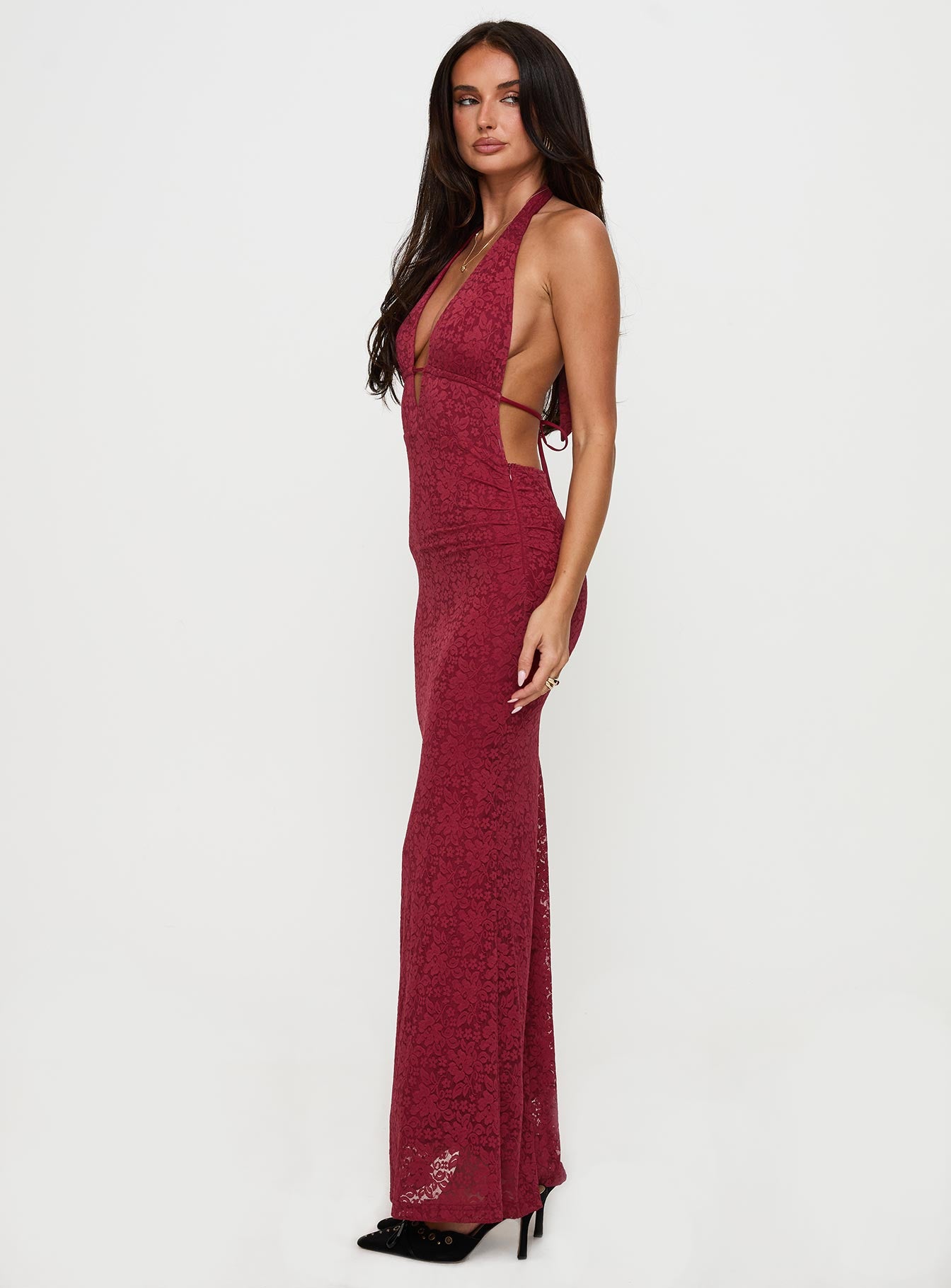 side view of model wearing Princess Polly Karmyn Plunge Maxi Dress Red Plunger 