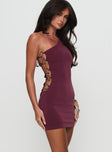 side view of model wearing Princess Polly Ponderosa Asymmetrical Hardware Mini Dress Mulberry Asymmetric Neckline 