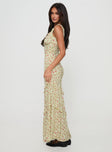 side view of model wearing Princess Polly Ridgewood Maxi Dress Beige Floral Plunger 