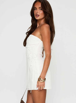 side view of model wearing Princess Polly New Beginnings Strapless Mini Dress White Straight Neck 