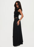   side view of model wearing Princess Polly Rennata Gathered Mid Rise Maxi Skirt Black Maxi 