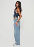 side view of model wearing Princess Polly Serenitia Mid Rise Relaxed Jeans Light Wash Tall Mid Rise 