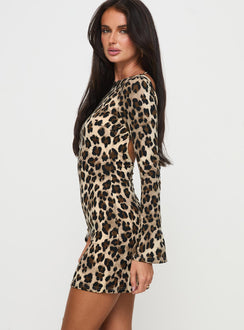 side view of model wearing Princess Polly Carnal Mini Dress Leopard Boat Neck 