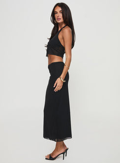 Matching set Crop top, halter neck tie, tie fastening at bust Low rise maxi skirt, split hem, lettuce edge hem Good stretch, partially lined