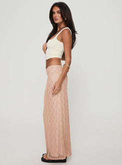   side view of model wearing Princess Polly Gallego Lace Maxi Skirt Pink Maxi 