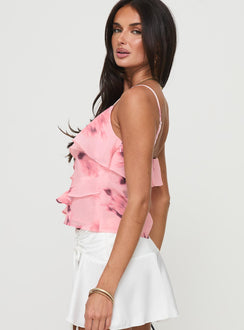 side view of model wearing Princess Polly Nectarine Top Pink Floral Sleeveless V-Neck 