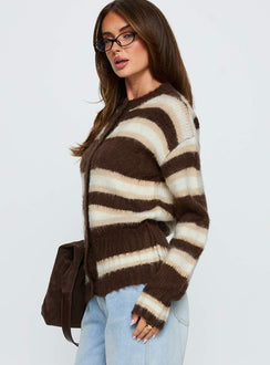 side view of model wearing Princess Polly Cultivated Fluffy Knit Cardigan Brown Stripe Long 